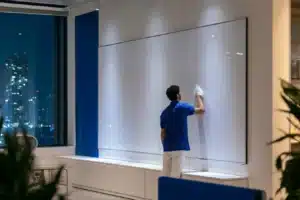 חדר ישיבות ריק בשעות הערב לאחר ניקיון — לוח מחיק לבן נקי, מדגים שירות ניקיון משרדים קבוע בערב