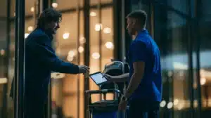 מפקח מוסר מפתח וטאבלט עם רשימת משימות לעובד ניקיון חלופי בכניסה למשרד