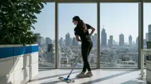 מנקת משרדים שוטפת רצפה במשרד מודרני, ברקע נראה קו הרקיע של תל אביב